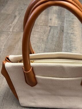 Canvas & Leather Top-Handle Tote in Cream and Tan